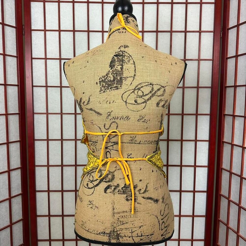 Y2K Yellow Beaded Butterfly Halter Belly Dance Crop Top - Picture 3 of 6